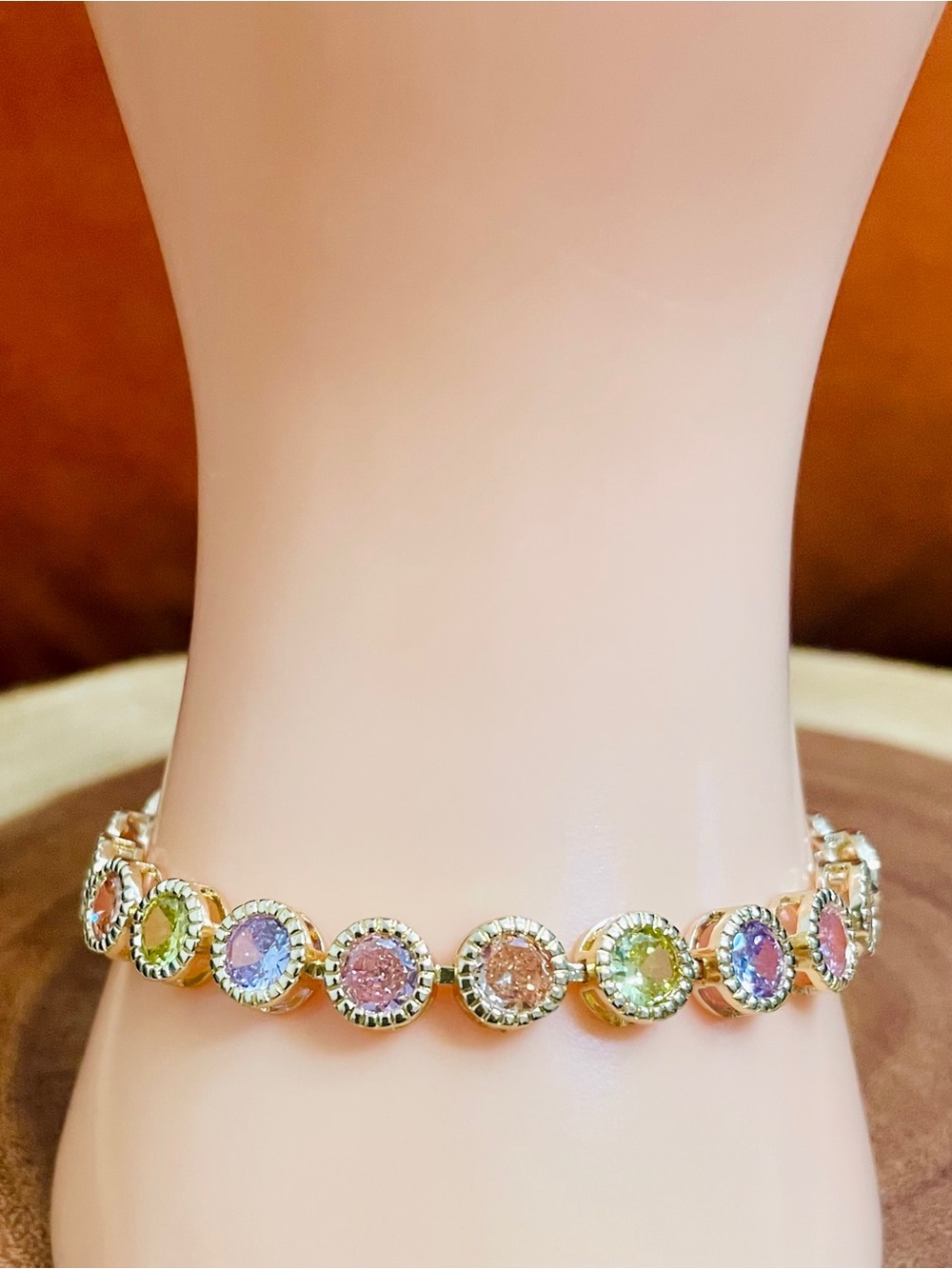 Multicolor Pastel Gemstone Bezel Set Round Cut Gold Filled Bracelet NWOT
